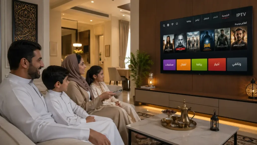 عائلة عربية تشاهد IPTV على التلفاز الذكي في المنزل